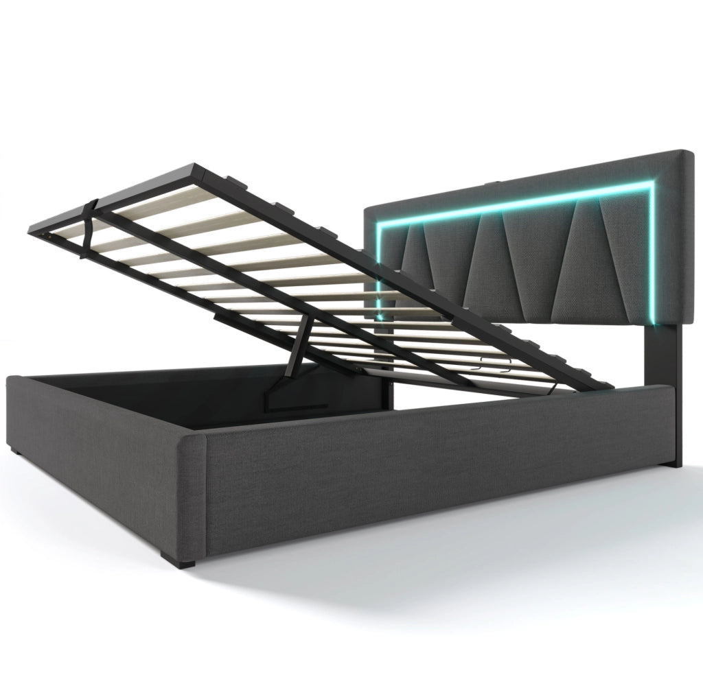 Letto matrimoniale 140x200 cm con LED; USB e Type-C; contenitore; in lino grigio