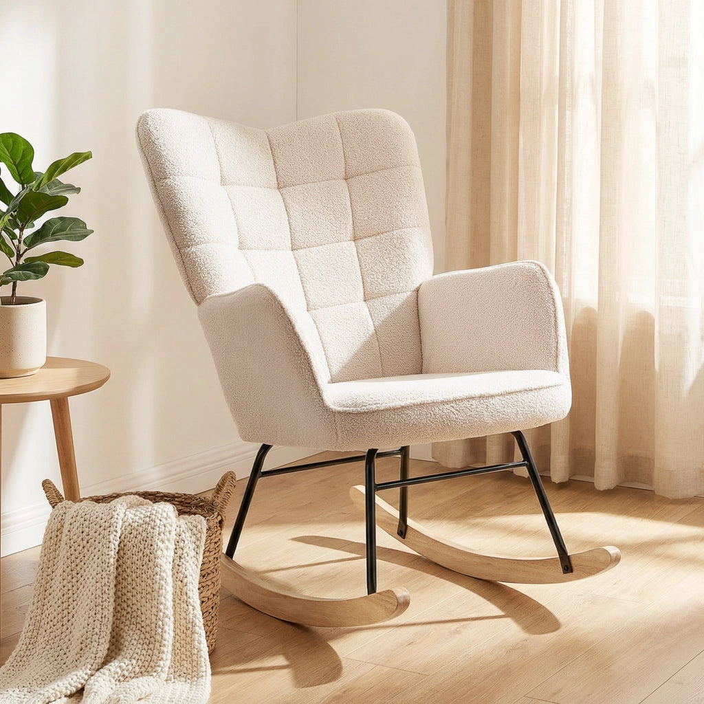 Poltrona a dondolo ¨C Minimal ¨C beige, effetto lana, 71x98x101 cm