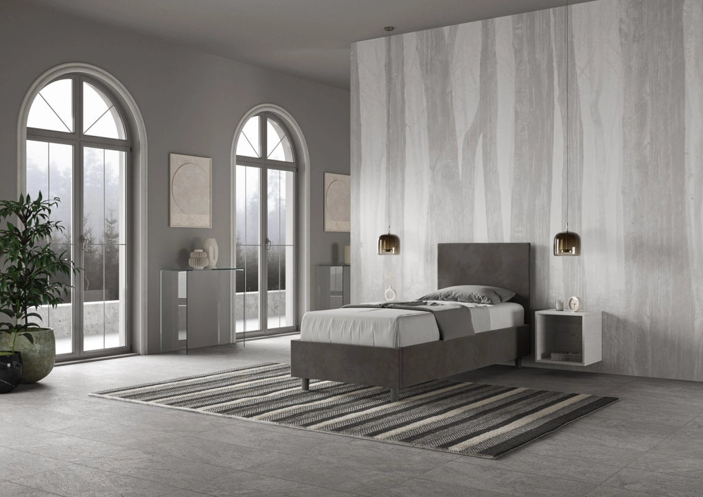 BS COM Letto singolo contenitore imbottito 80x200 microfibra grigio