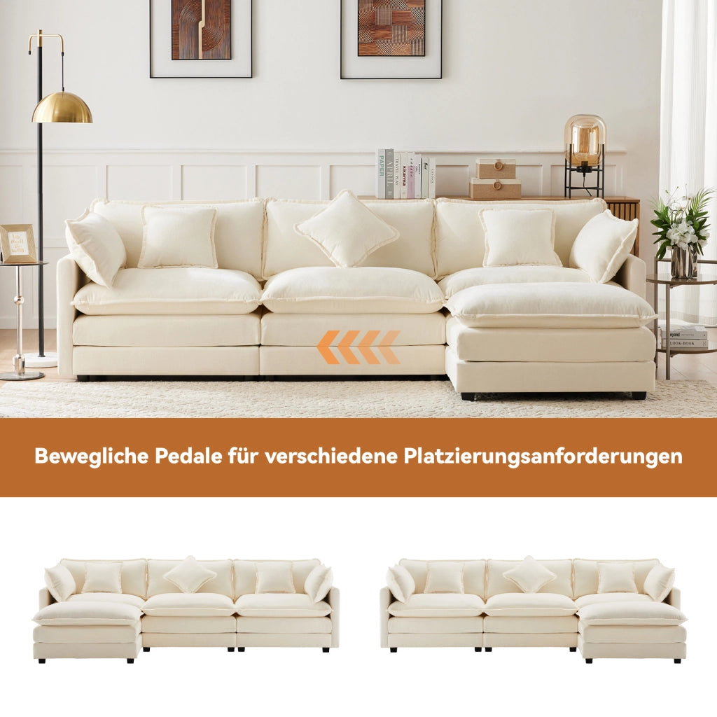 Divano angolare a 3 posti in chenille con pouf mobile e cuscini lombari per relax, beige 283 × 147 × 84 cm