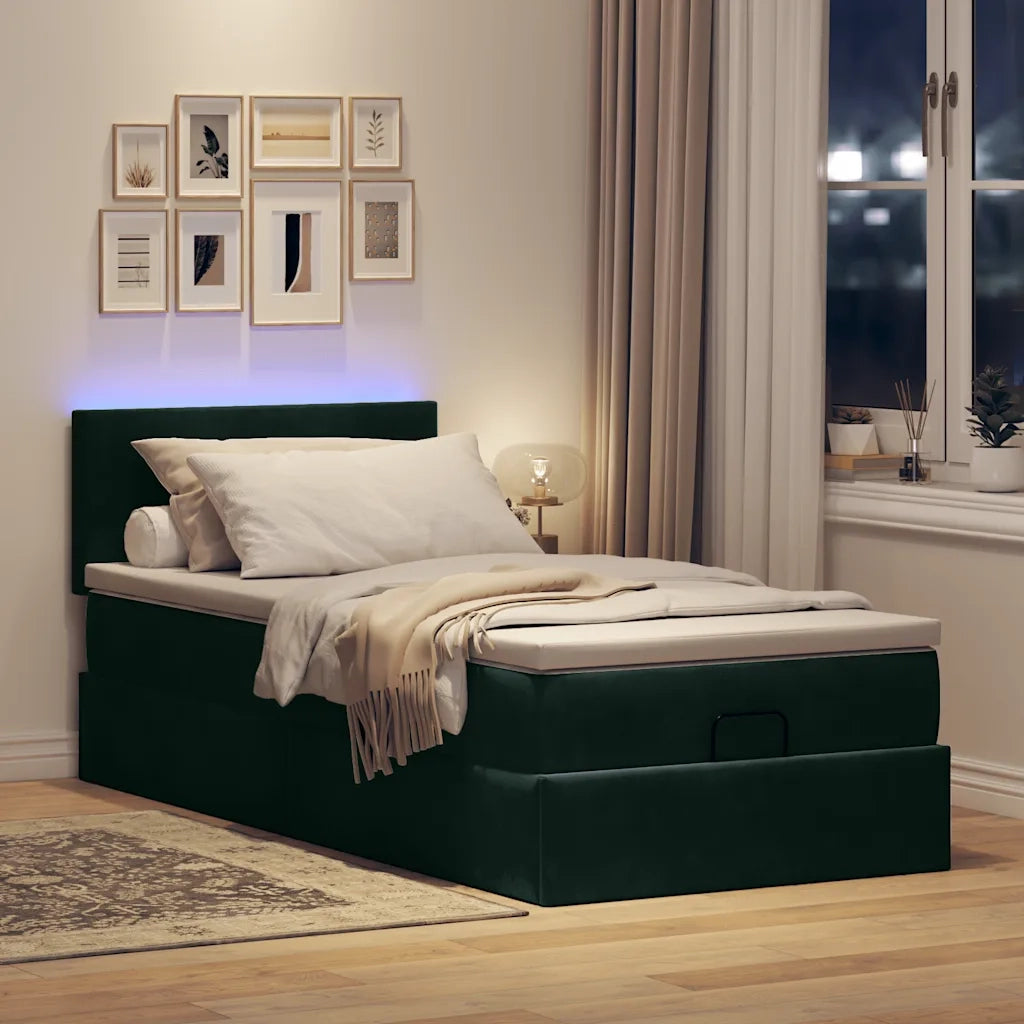 Pouf Letto con Materasso e LED Verde Scuro 80x200cm in Velluto 3312515
