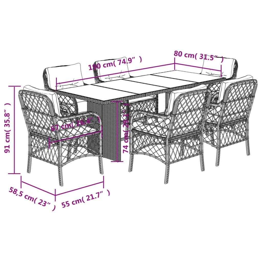 Set da Pranzo da Giardino 7pz con Cuscini in Polyrattan Marrone