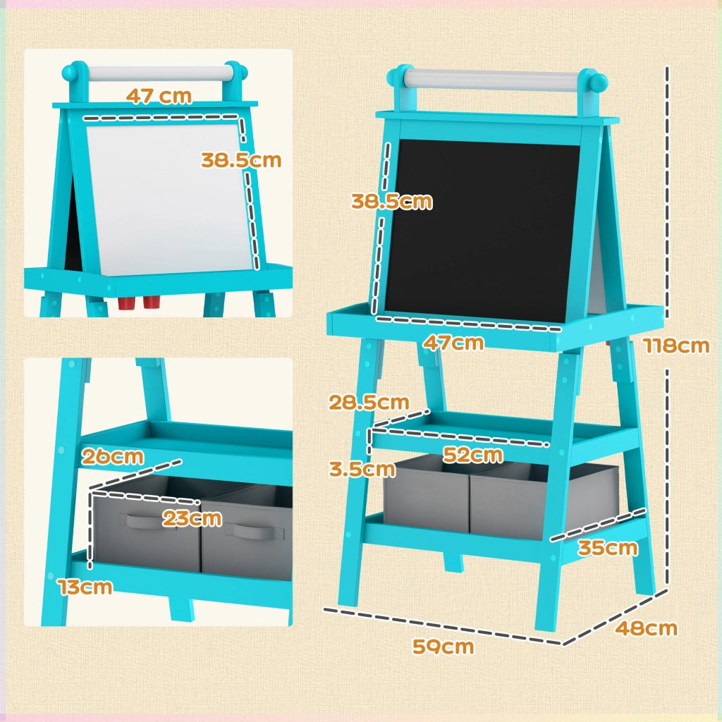 Lavagna per Bambini 3 in 1 con Cavalletto 59x48x118 cm Blu