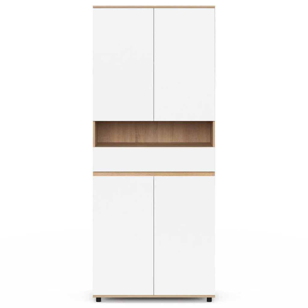 IDMarket - Mobile bagno TOMI 4 ante 2 cesti portabiancheria estraibili 1 cassetto finitura faggio e bianco