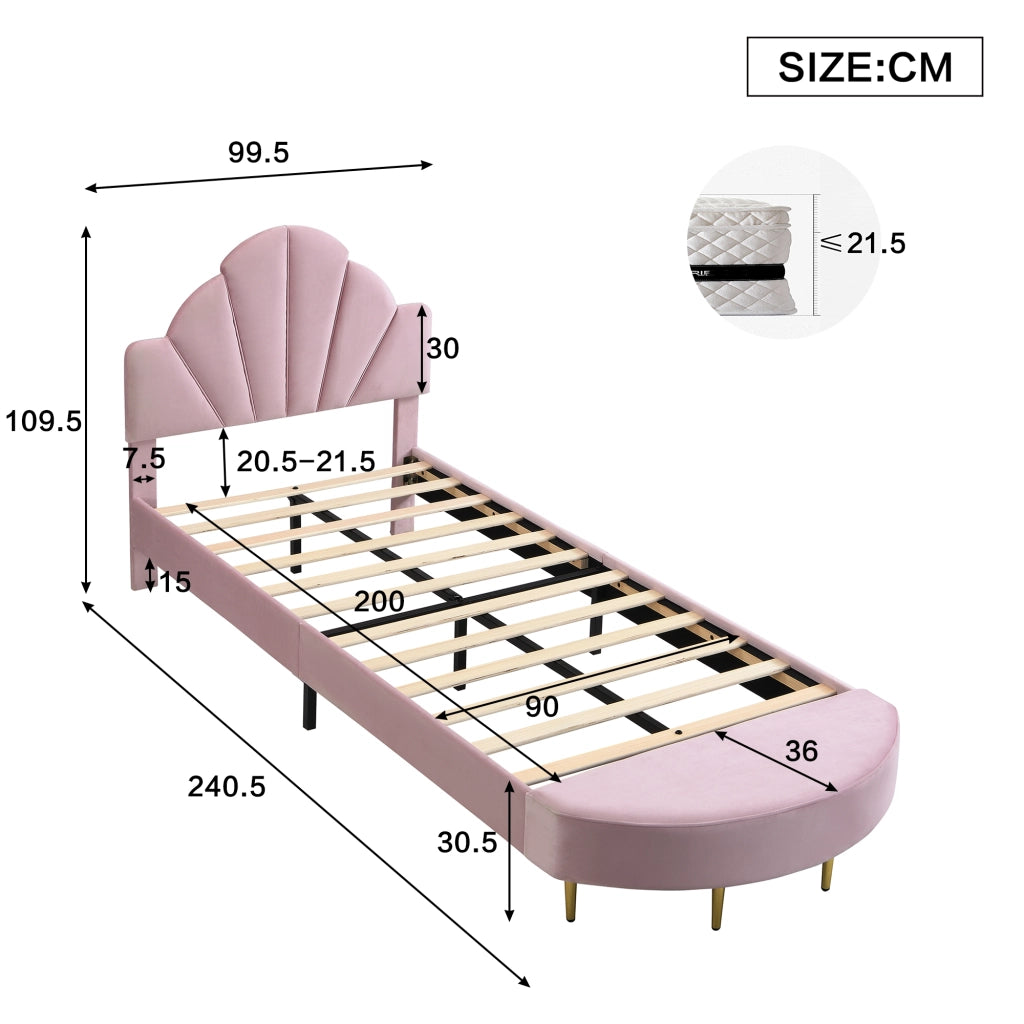 Upholstered Bed;90x200 cm;with velvet headboard;including bench;pink