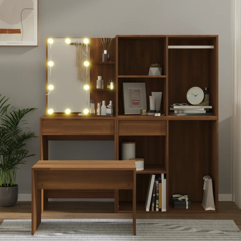 Set Tavolo da Toeletta con LED Rovere Marrone Legno Multistrato