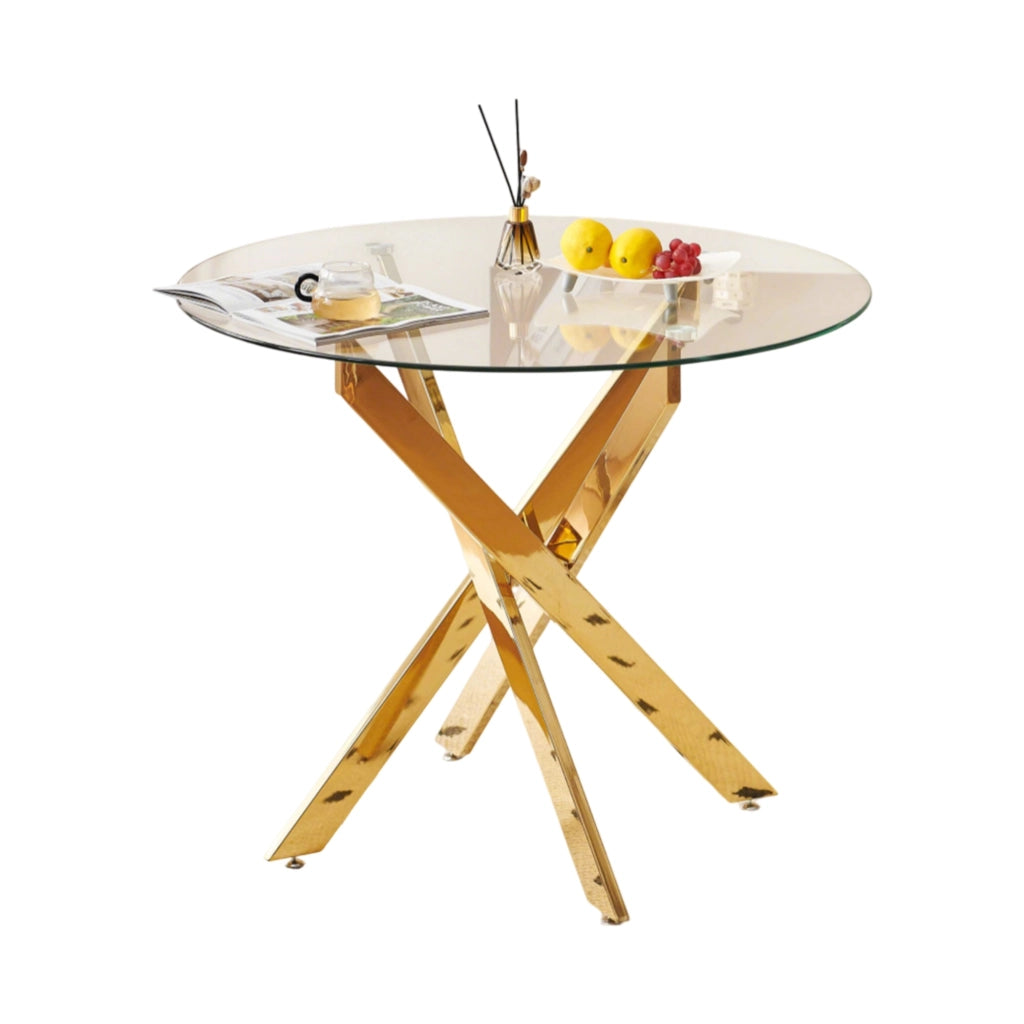 Tavolo da pranzo in vetro e metallo; colore oro