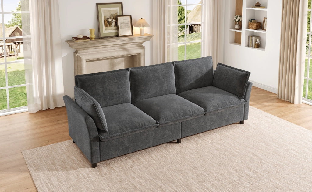 Divano a 3 posti in chenille con cuscini per braccioli e struttura in metallo grigio 220 × 81 × 87 cm