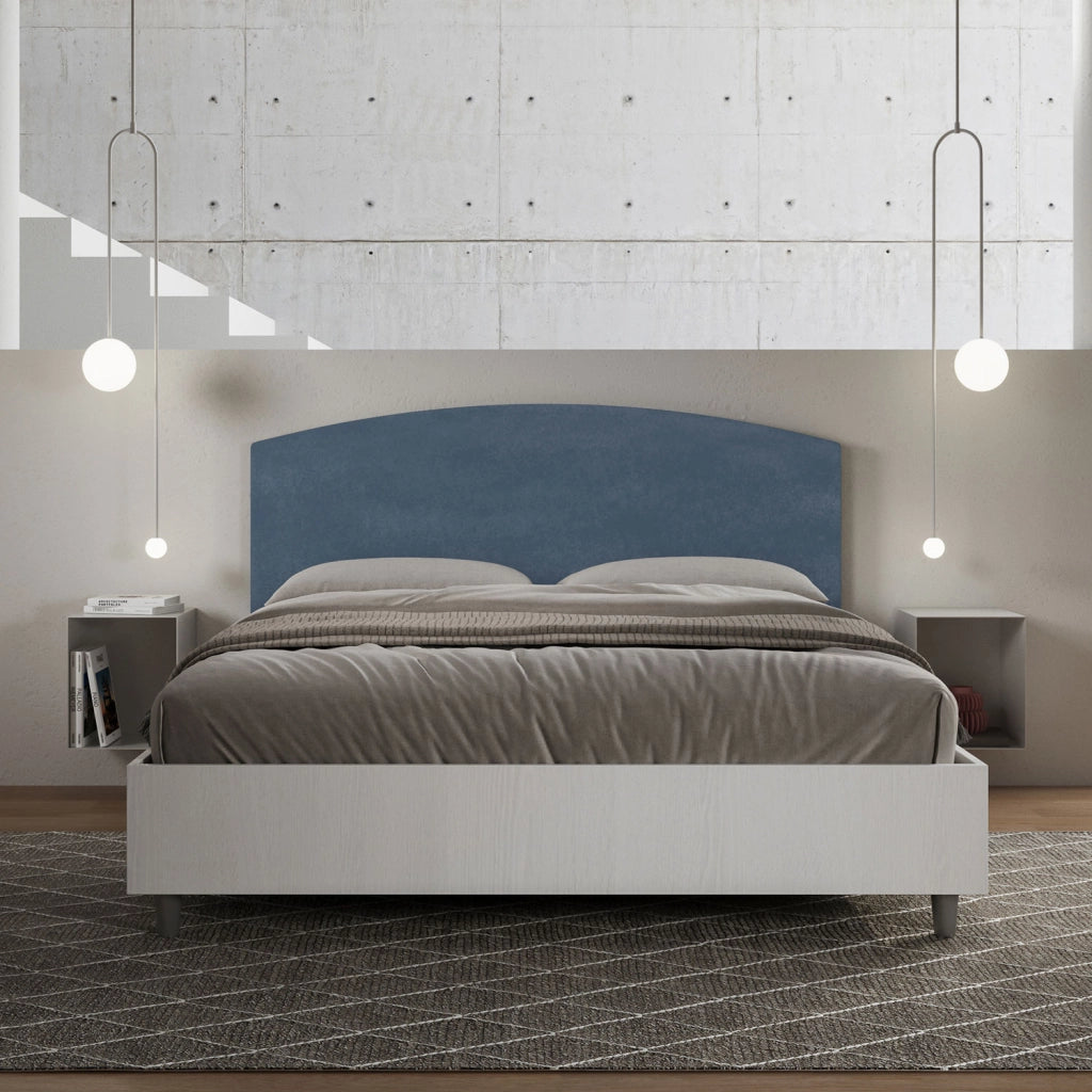 BS COM Letto matrimoniale con rete 160x200 bianco frassino testata microfibra blu