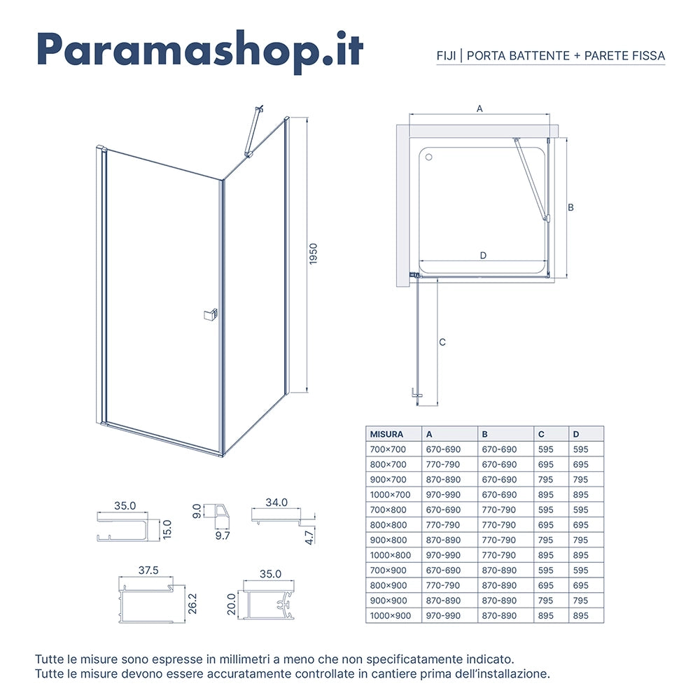 Box doccia 100x80 cm con apertura a battente e parete fissa, profili cromati e vetro da 8mm trasparente h195 | Fiji