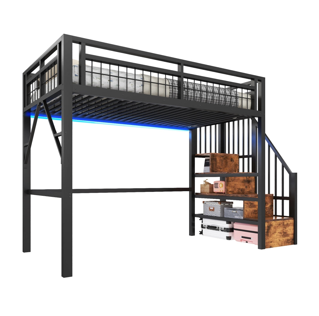 Letto a soppalco 90x200 cm in metallo e MDF con LED controllabile da app e scale con contenitore; nero