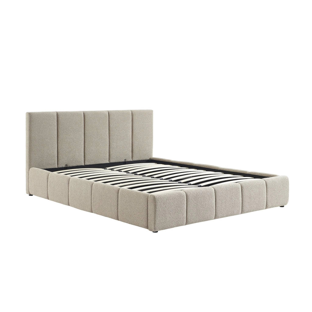 Letto contenitore con rete a doghe e testiera 160x200cm, bouclé ,
