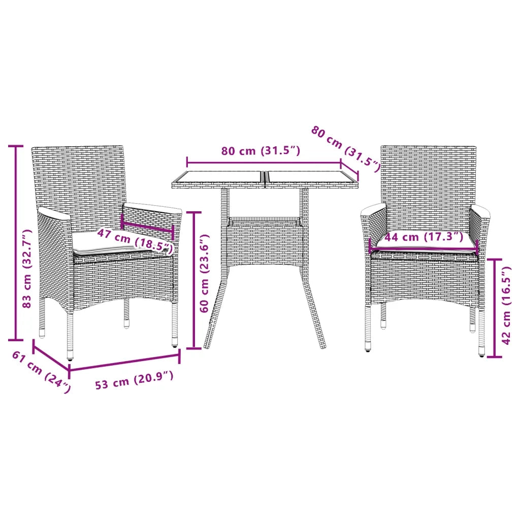 Set da Pranzo da Giardino 3pz con Cuscini in Polyrattan e Vetro