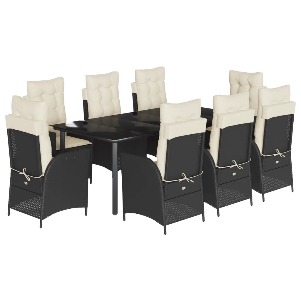 Set da Pranzo da Giardino 9 pz con Cuscini Nero in Polyrattan