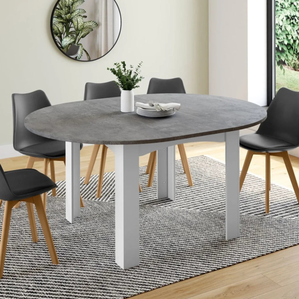 IDMarket - DONA mesa de comedor redonda extensible 4-8 personas tablero blanco efecto hormigón 110-150 cm
