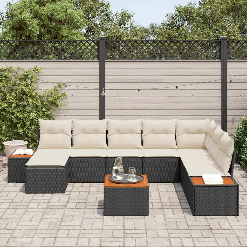 Set Divano da Giardino 9 pcs Nero e Crema Polyrattan