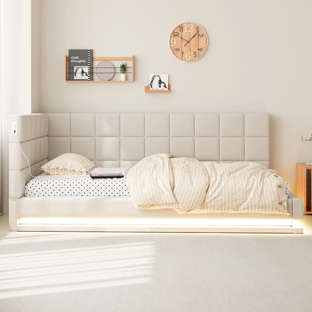 Divano letto 90x200cm - Xylo - velluto beige, LED, USB, doghe