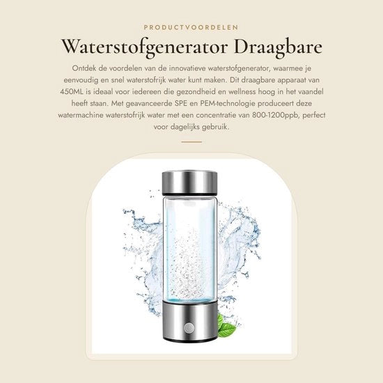 Generatore di idrogeno portatile - Produzione di acqua idrogenata da 450ML - Fles idrogenata - Macchina idrogenata USB ricaricabile - Ideale per uso quotidiano