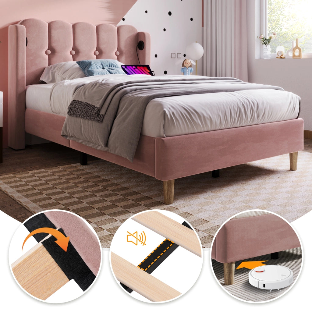 LETTO imbottito 90x200 cm in velluto rosa con porta USB Tipo C
