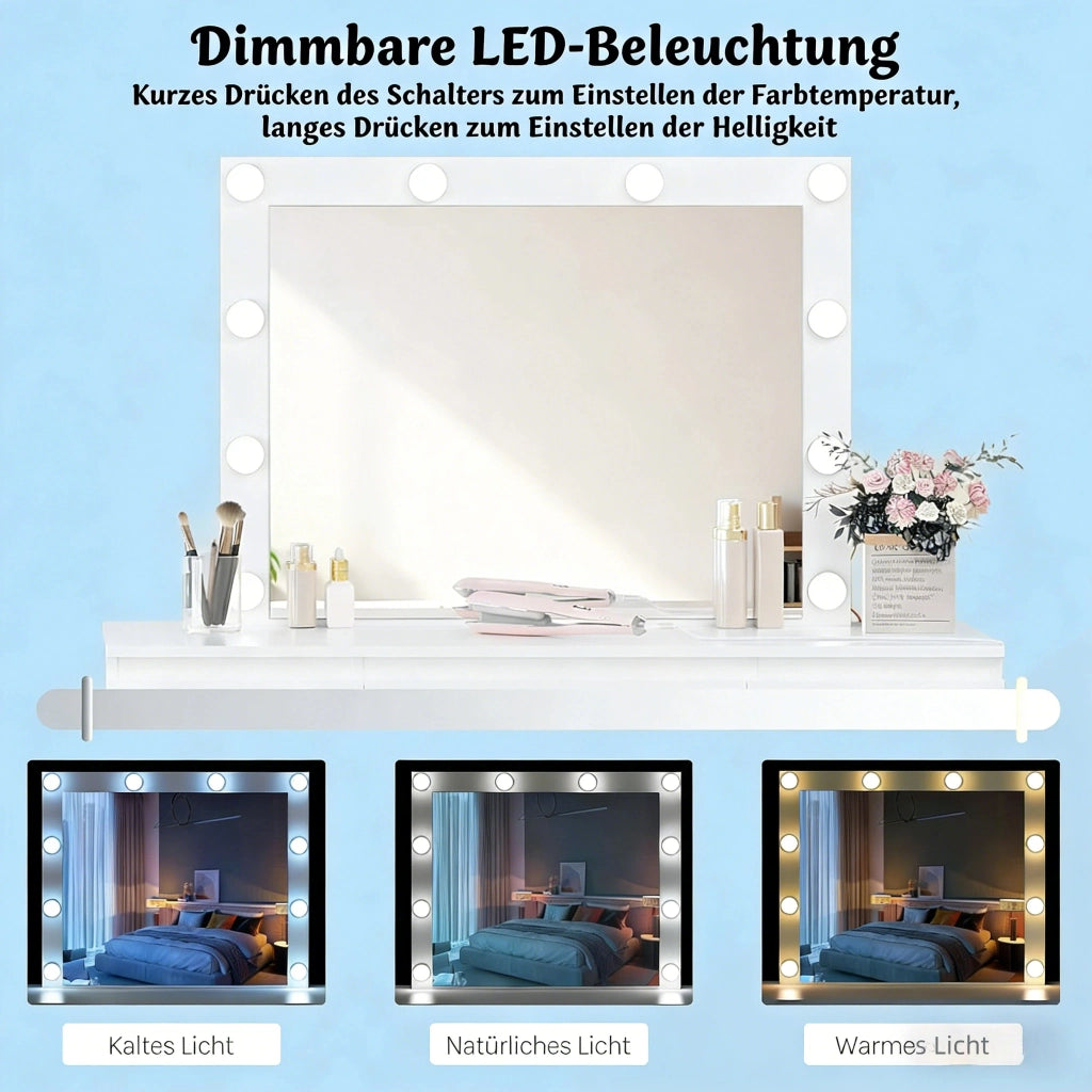 Toeletta con specchio LED; 7 cassetti e prese integrate per camera da letto