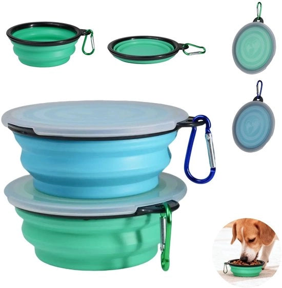2 set di contenitori per animali portatili, chiusura a cerniera, contenitori per viaggio impermeabili in silicone per cani e gatti, ideali per acqua e cibo (450 ml, verde chiaro e blu chiaro)
