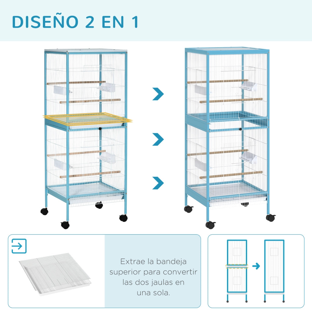 Gabbia per Uccelli a 2 Livelli con Ruote ¨C zephmum ¨C Blu 51.5x50x140 cm