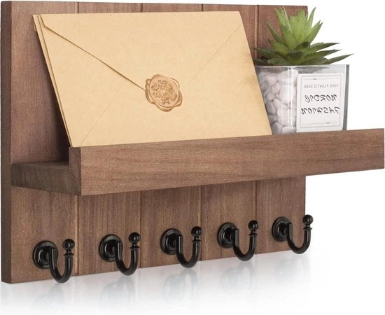 Sostegno per chiavi in legno con pannello e 5 ganci per chiavi - sostegno per parete per ingresso, hall, cucina, camera da letto, soggiorno, ufficio