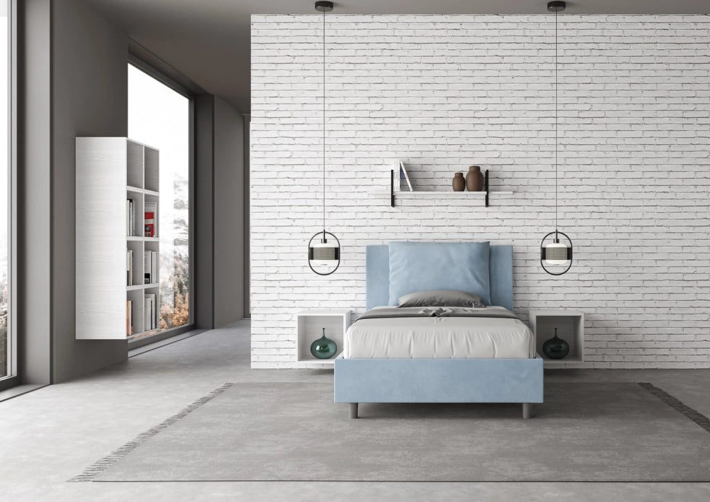BS COM Letto una piazza e mezza con rete imbottito 120x190 microfibra azzurro