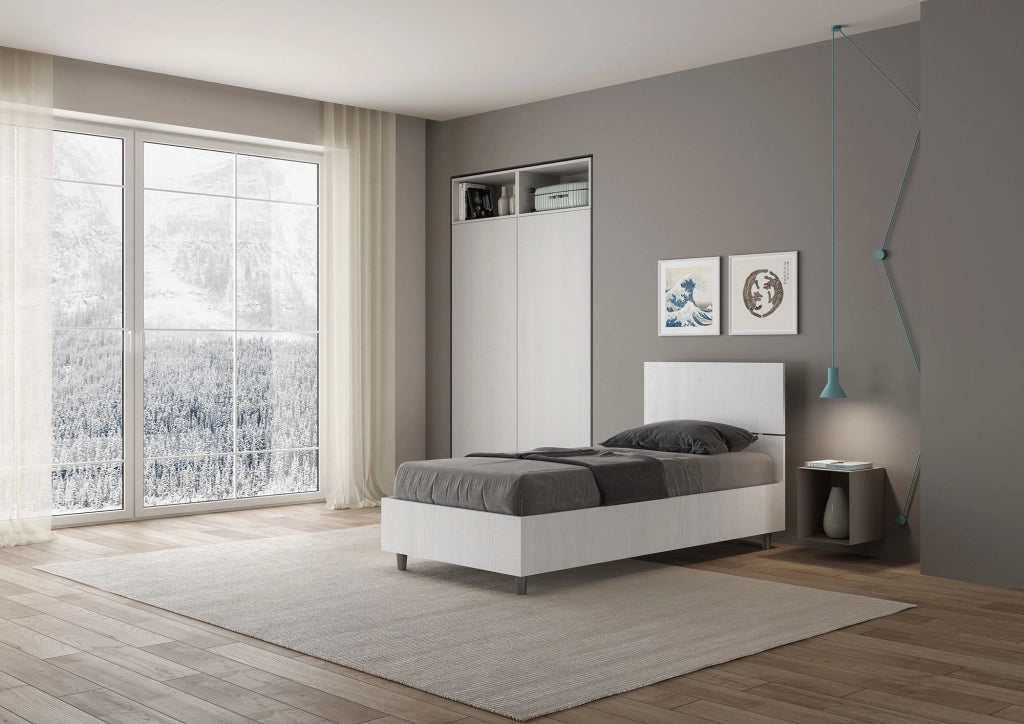 BS COM Letto singolo con rete 80x190 testata dritta bianco frassino