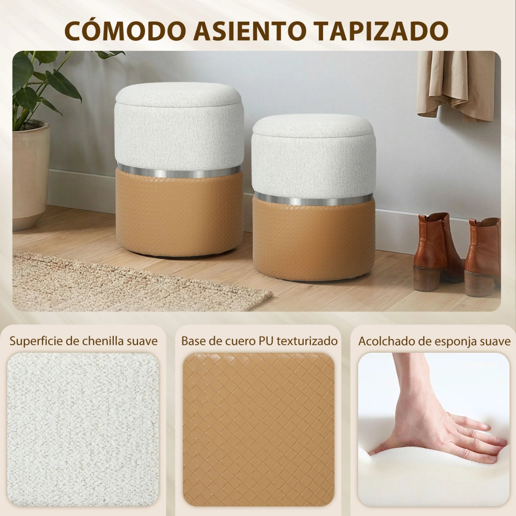 Set 2 Pouf Contenitore ¨C Xylo ¨C Rivestimento Chenilla e Similpelle Marrone e Crema