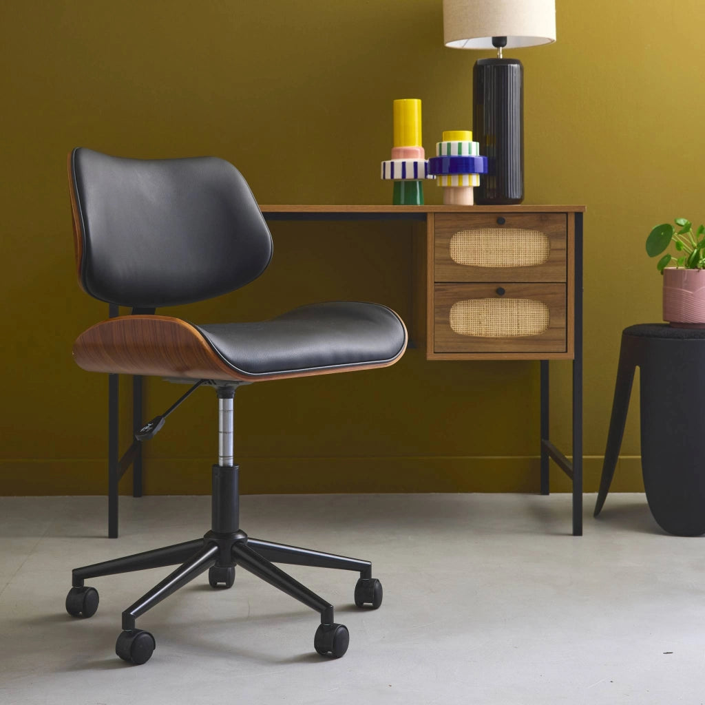 Sedia da ufficio con rotelle, effetto legno curvato e similpelle, nero
