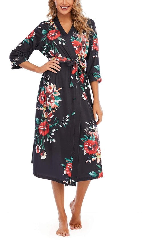 Kimono da notte per donna, 3/4 manica, V-collare, lunga, notte, PAT1, XL