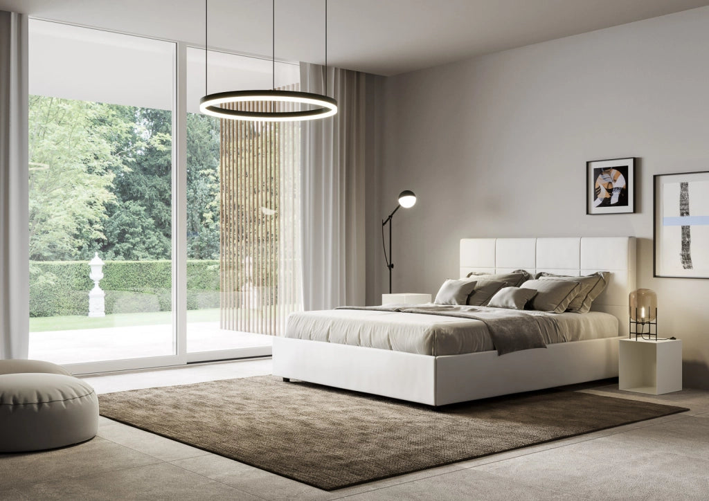 BS COM Letto queen size con rete imbottito 150x190 similpelle bianco