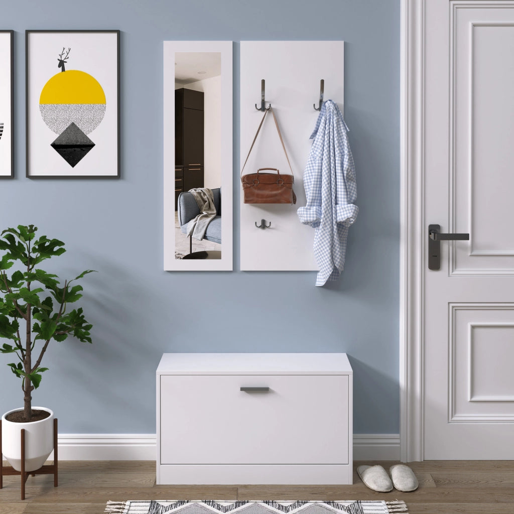 Set Ingresso 3 Pezzi Scarpiera Specchio Appendiabiti ¨C Minimal ¨C Bianco 80x27x46,5cm