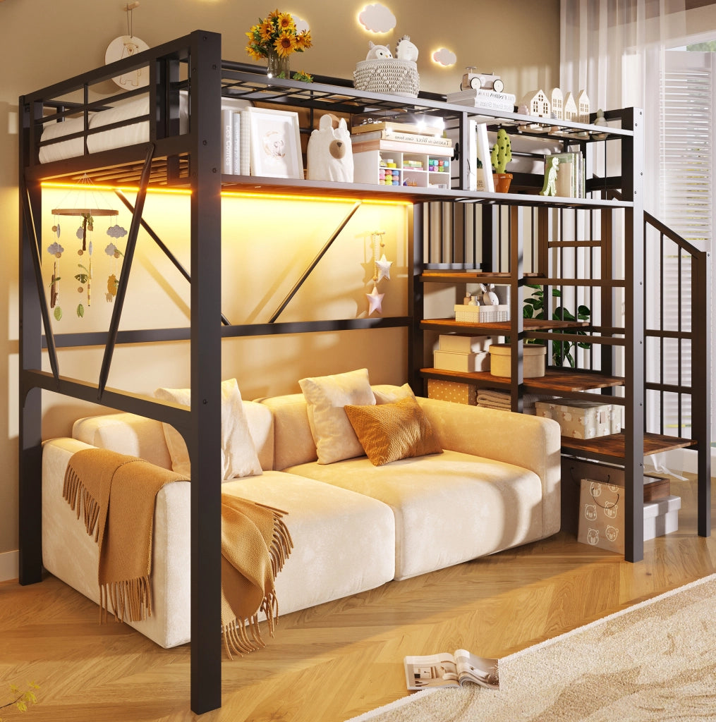 Letto a soppalco 90x200 cm in metallo e MDF con scala contenitore; LED; nero
