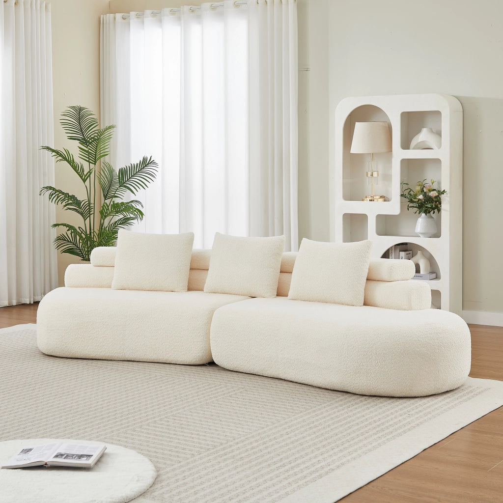 Divano modulare a due moduli curvi segmentati senza braccioli con 3 cuscini schienale per salotto in ciniglia beige