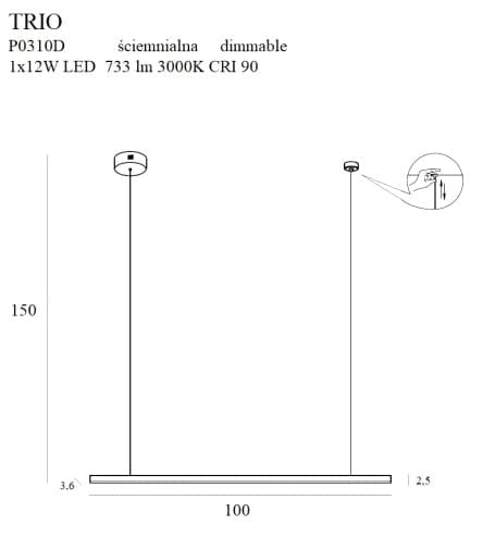 Lampada sospensione nera Trio LED dimmer 12W Maxlight