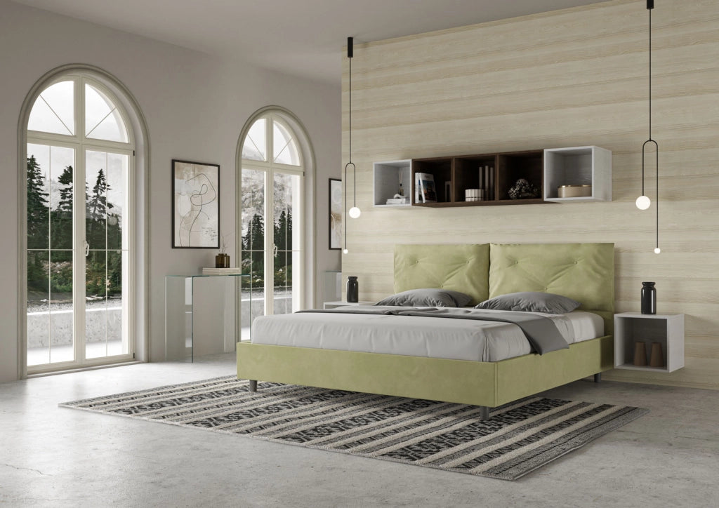 BS COM Letto matrimoniale king size contenitore imbottito 190x200 microfibra tè verde Large