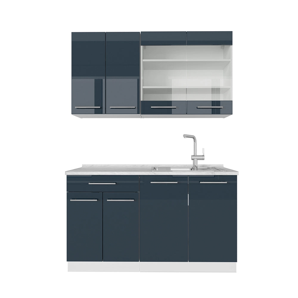 Mobili da cucina Fame-Line Blu scuro lucido/Bianco 140 cm, PL Marmo Vicco