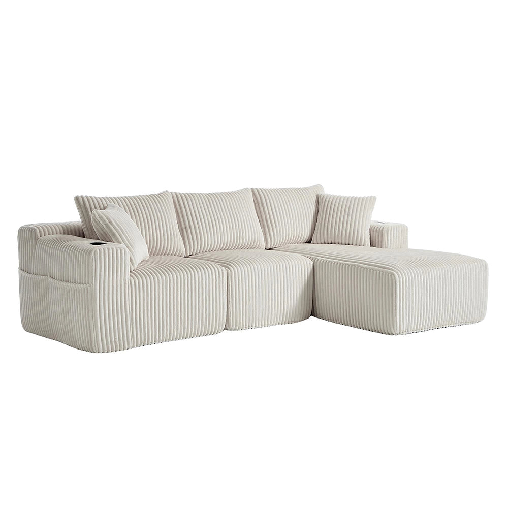 Divano modulare con chaise longue e 2 posti - Xylo - Velluto costato, 5 cuscini, portaoggetti e bevande