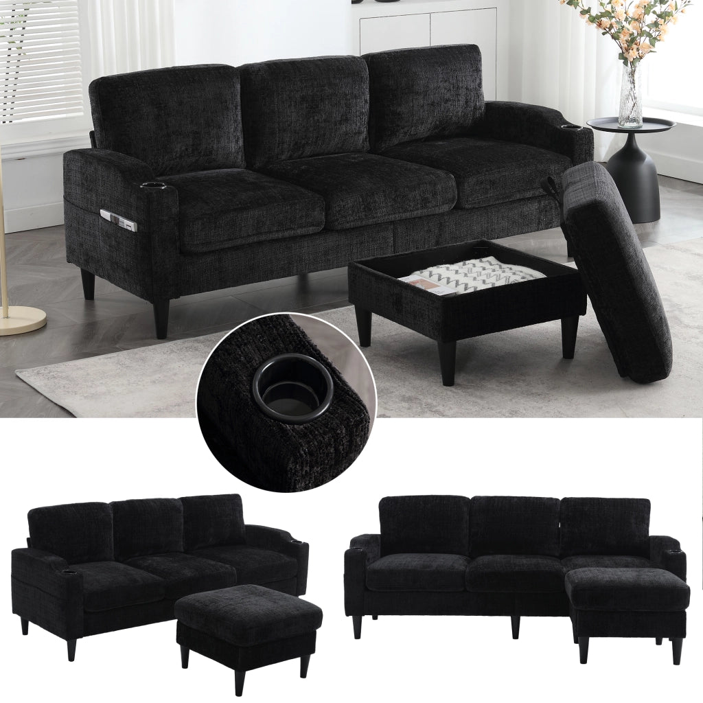 DIVANO 4 POSTI CON POUF CONTENITORE 196,5x75x77 cm CHENILLE NERO
