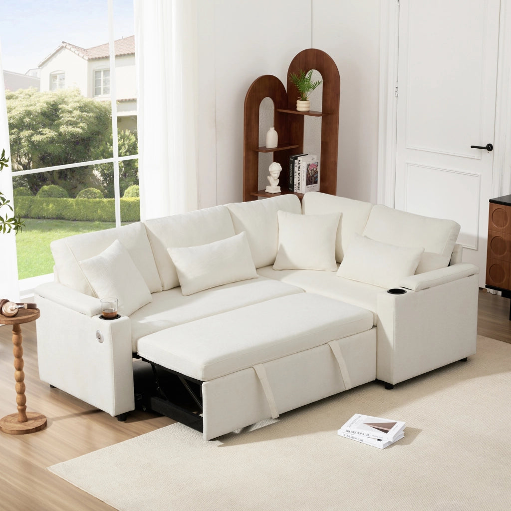 Divano angolare convertibile con contenitore portabicchieri USB e 4 cuscini in chenille beige 206,5 × 141 × 86 cm
