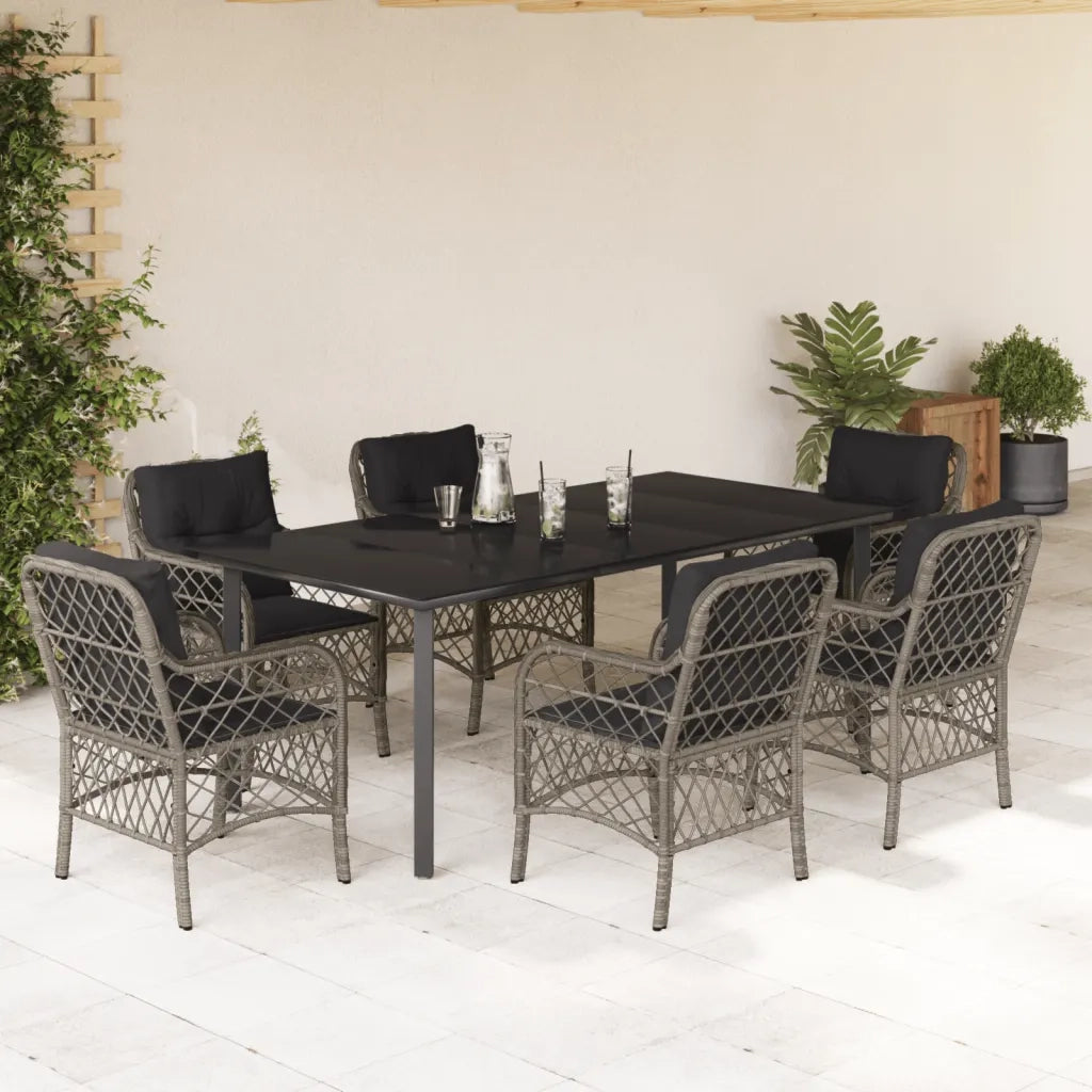 Set da Pranzo da Giardino 7 pz con Cuscini in Polyrattan Grigio