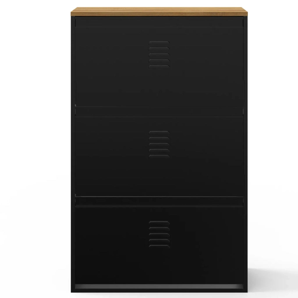 IDMarket - ESTER Zapatero de 3 puertas y 18 pares de metal negro con tapa de madera de diseño industrial
