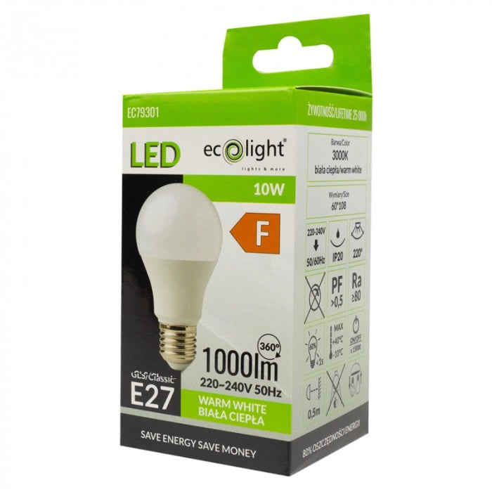 Lampadina LED E27 10W 3000K 900lm opale Ecolight