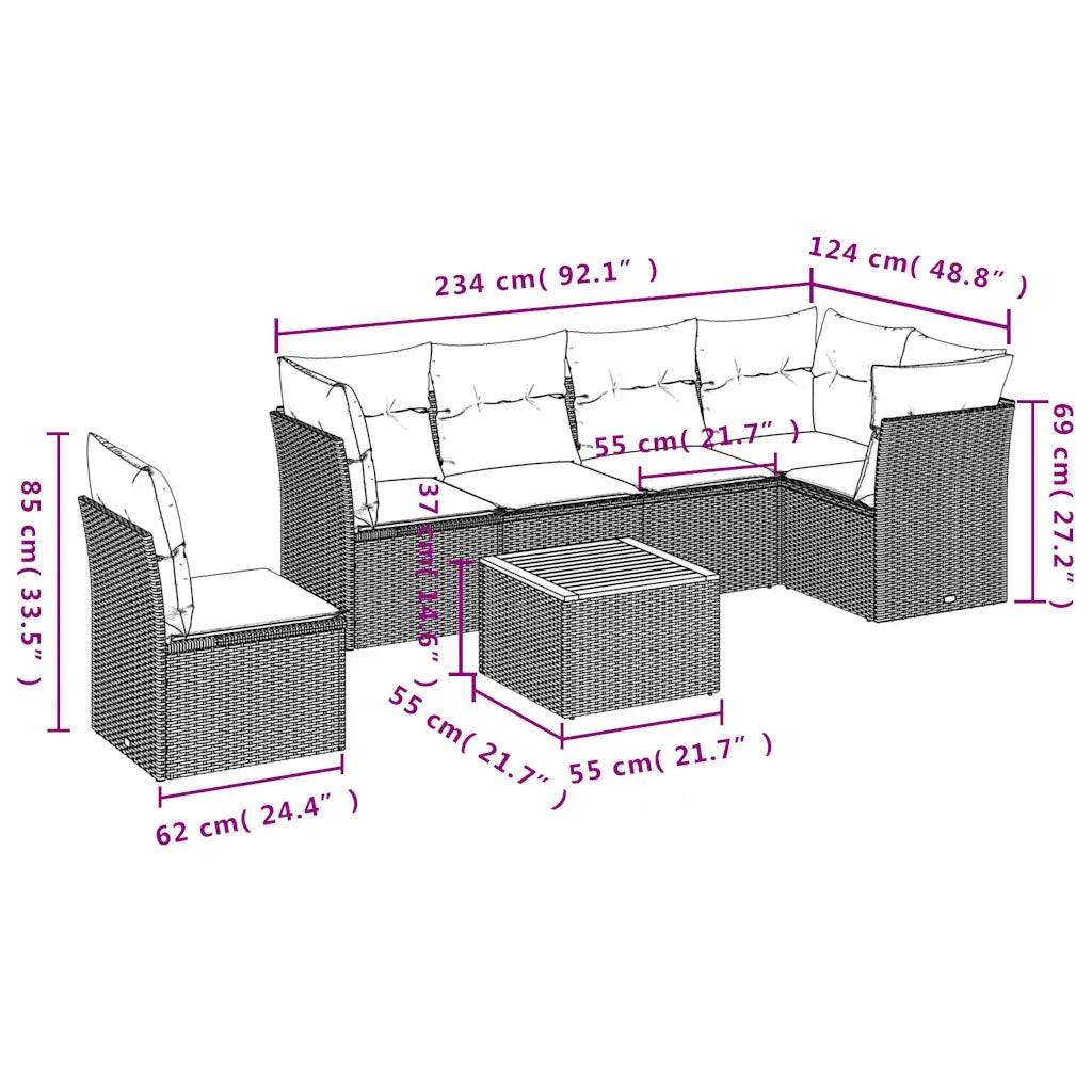 Set Divani da Giardino 7 pz con Cuscini Nero in Polyrattan 3255994