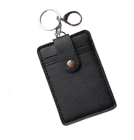 Portafoglio a carte Minimalista - Materiale Sostenibile in Pelle di Cuoio - Blocca RFID - Ospita Carte in Nero - 2 Accessori per Chiavi Removibili - 7,3 × 11 cm