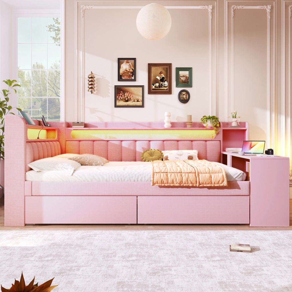 Letto imbottito 140x200 - Zephmum - Rosa con USB, LED, scrivania e 2 cassetti