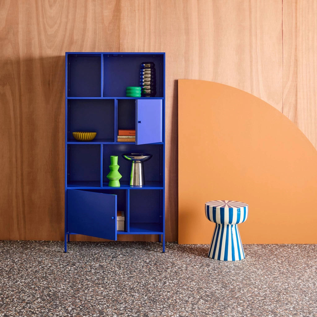 Credenza industriale in metallo con 8 scomparti, blu