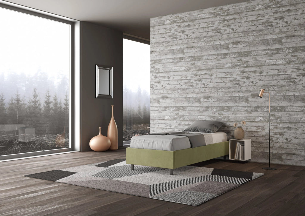 BS COM Letto singolo contenitore imbottito 80x210 microfibra tè verde